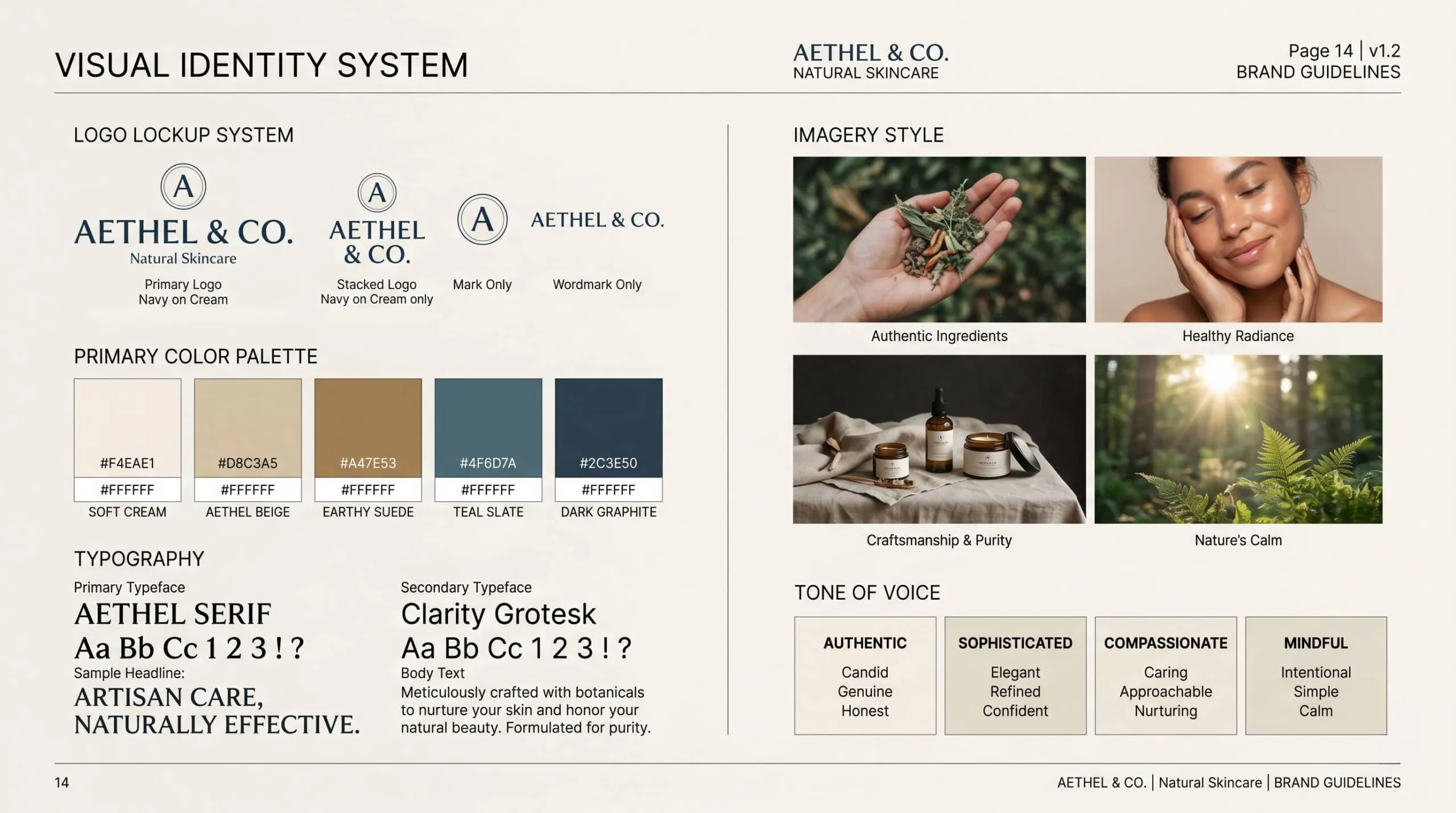A brand identity system spread showing logo, color palette, typography, imagery direction, and tone of voice elements that make up a complete brand identity beyond just a logo