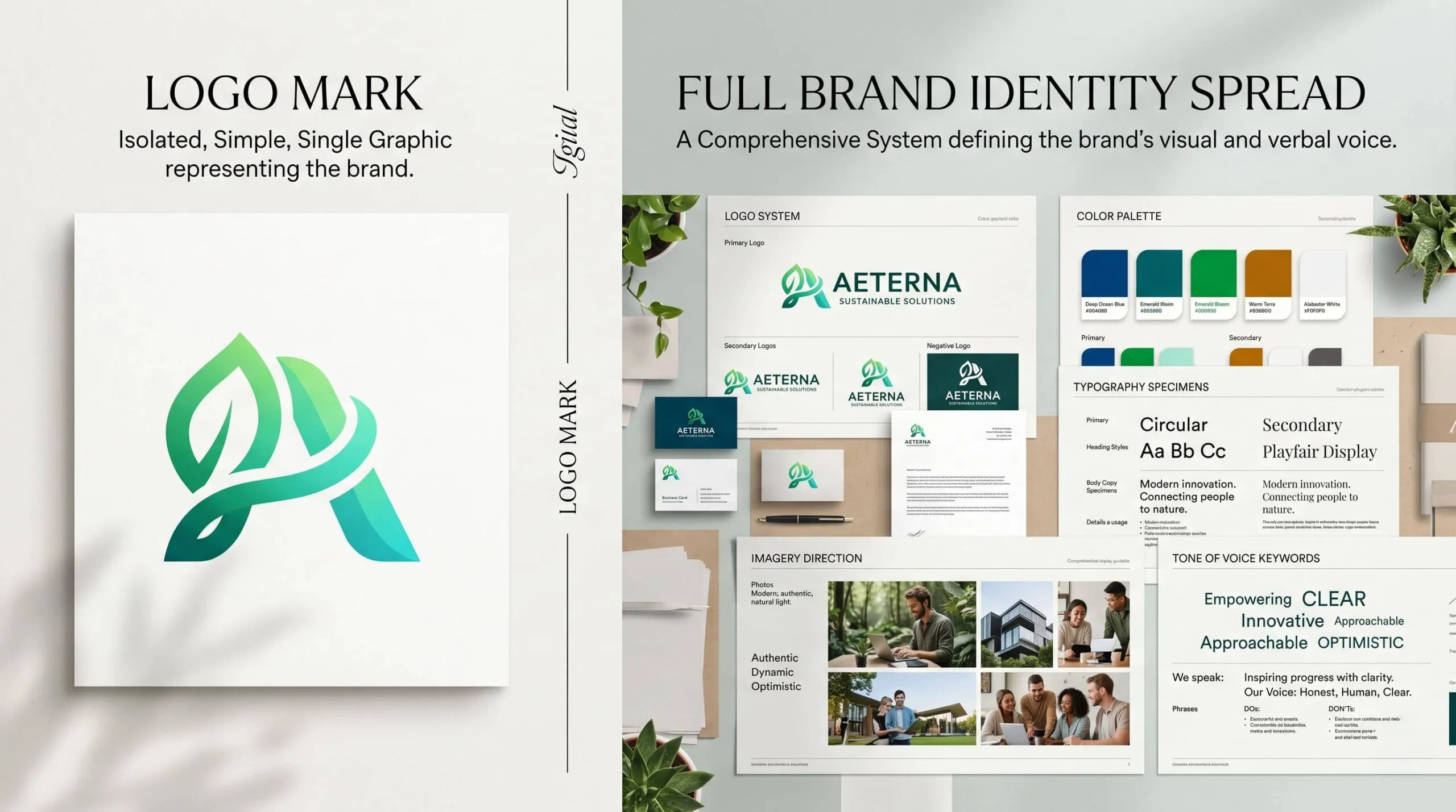 Visual comparison showing a standalone logo on the left versus a complete brand identity system on the right, including color palette, typography, imagery direction, and voice, illustrating the difference between a logo and a full brand identity