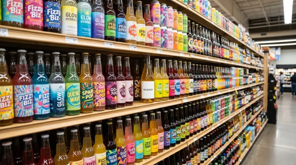 A crowded retail shelf showing multiple product packages competing for shopper attention, illustrating why strong packaging design is essential for small brands