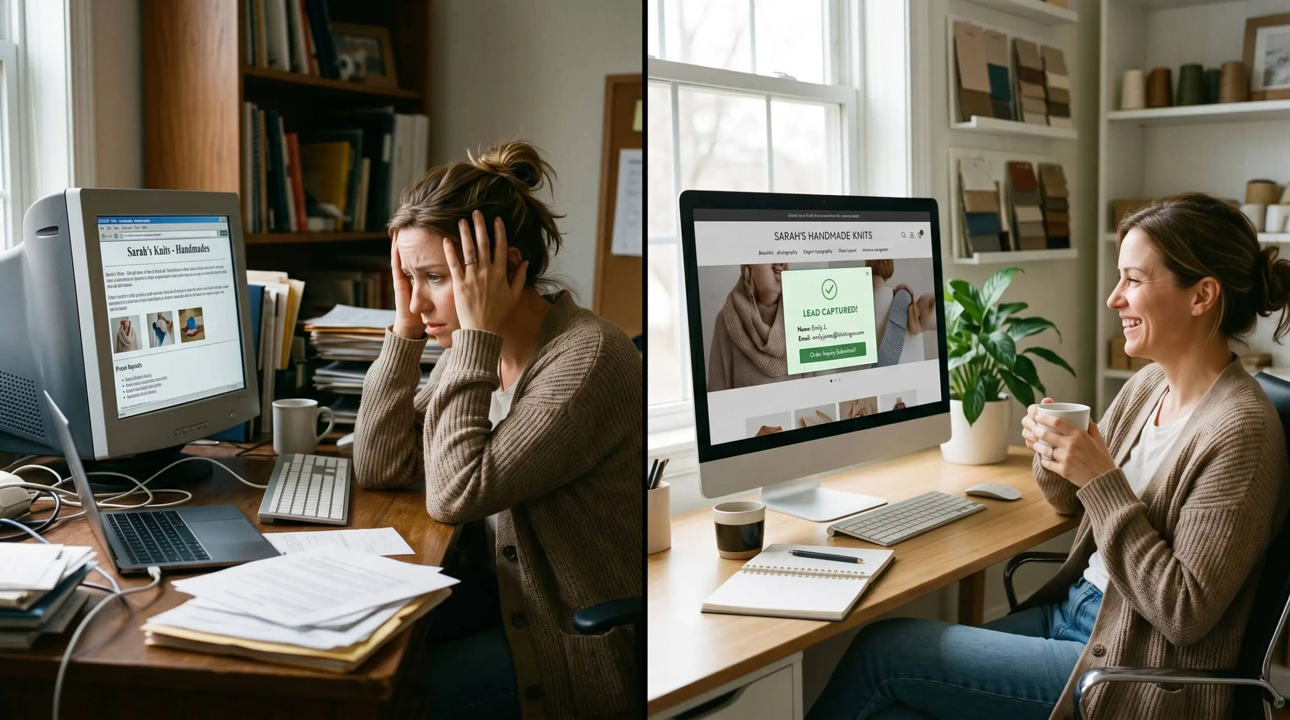 Split image comparing a small business owner frustrated with an underperforming website versus one whose well-designed website is generating leads